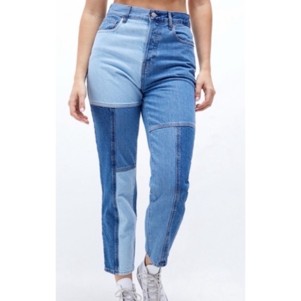 PACSUN Eco Two-Tone Patchwork Blue High Waisted Straight Leg Jeans - Picture 4 of 13